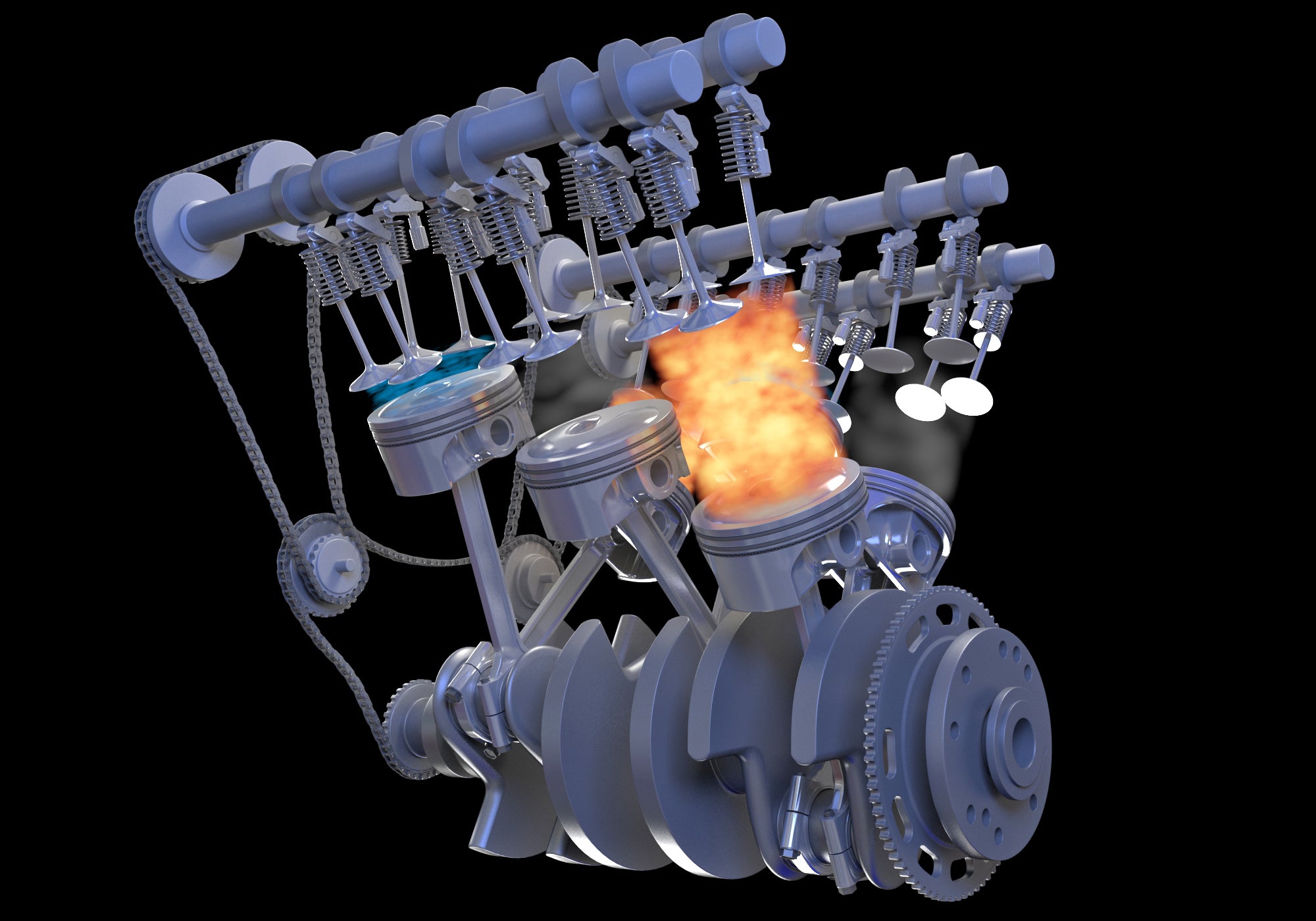 Animated V6 Engine with Gasoline Ignition