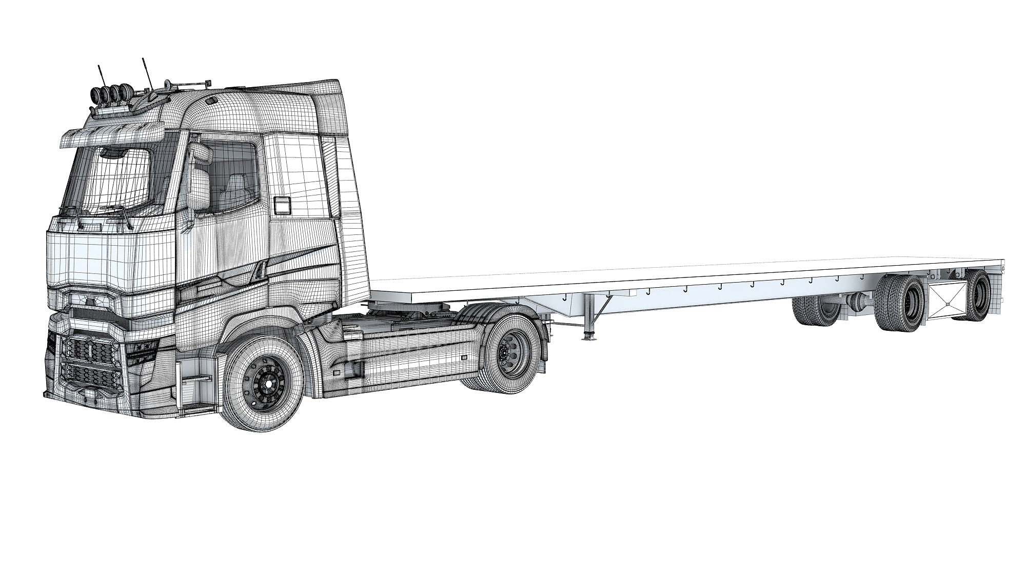 3D Truck with Flatbed Trailer